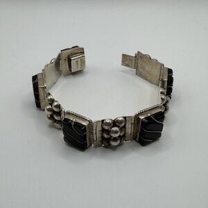 Vintage Mexican Sterling Silver Onyx Panel Bracelet 7” Taxco Style